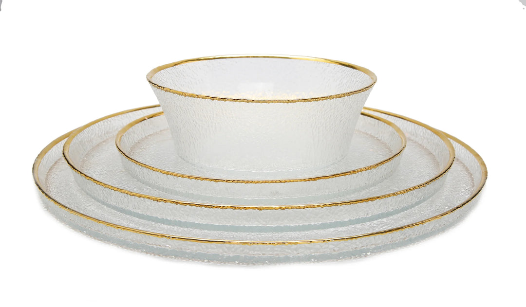 Pebbled Glass Chargers Raised Rim with Gold Border - Set of 4