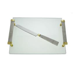 Glass Challah Board with Handle and Knife