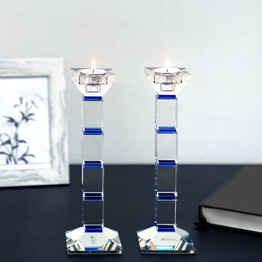 Crystal Candlesticks Square Design Set of 2 - Blue