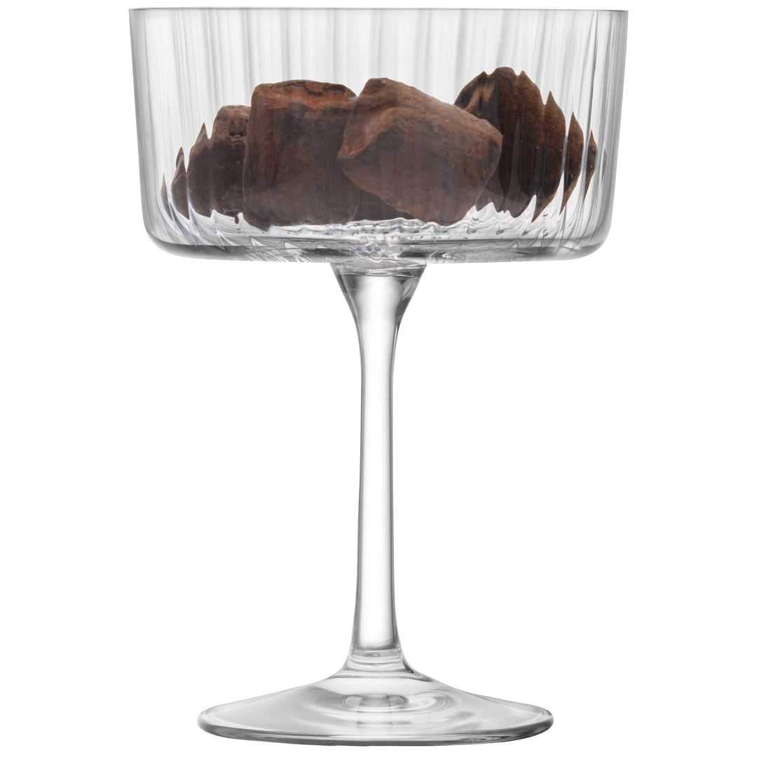 Clear DecoDine champagne cocktail glass with chocolate truffles, elegant home décor gift