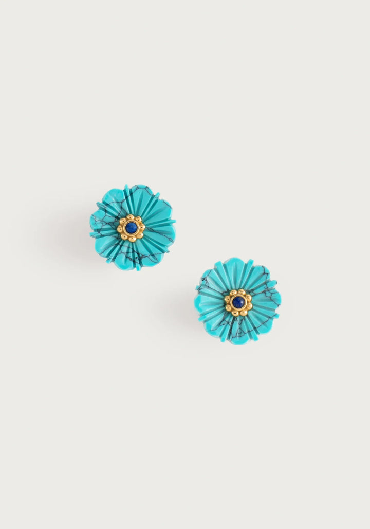 Milos Carved Stone Flower Stud Earrings,  Turquoise