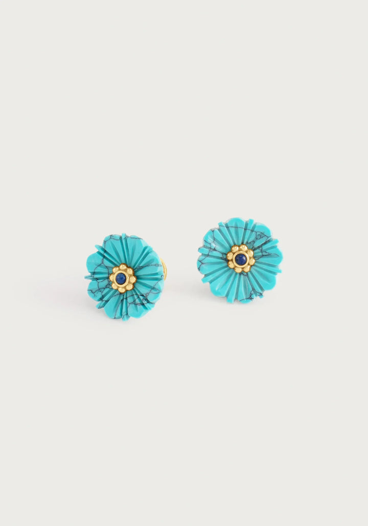 Milos Carved Stone Flower Stud Earrings,  Turquoise
