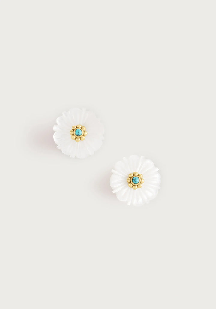 Milos Carved Stone Flower Stud Earrings, Pearl