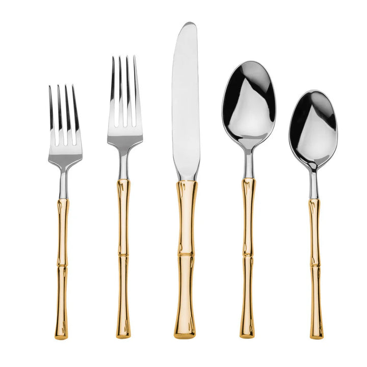 Rattan Mirrored Accented Gold 18/10 Stainless Steel 20 Piece Flatware Set, Service For 4