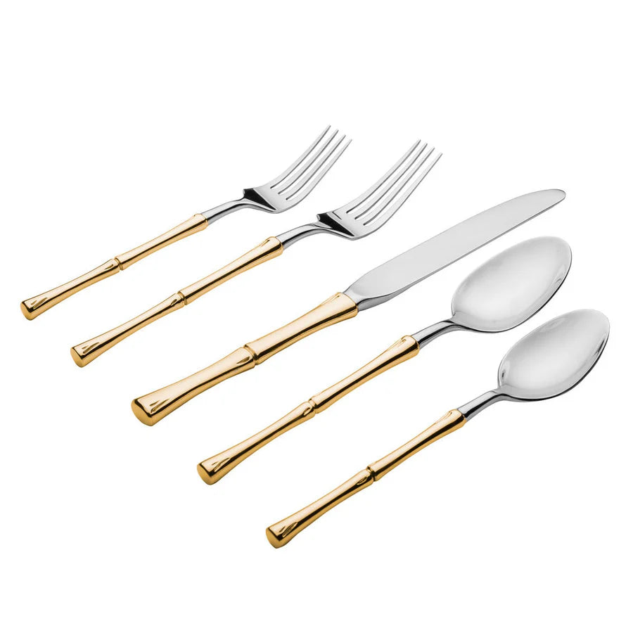 Rattan Mirrored Accented Gold 18/10 Stainless Steel 20 Piece Flatware Set, Service For 4