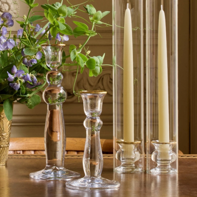 Sancia Taper Candleholder with Sleeve, Gold Rim, S/2