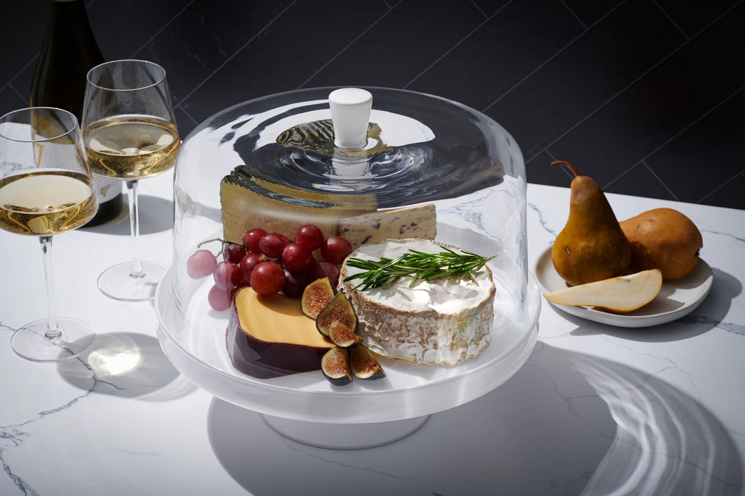 Opal White Cake stand and large Dome with White knob, 12.4"D