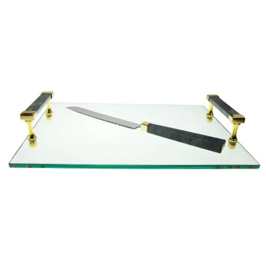 Glass Challah Board with Handle and Knife