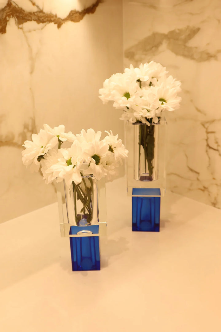 Crystal Square Vase with Colored Base - Blue