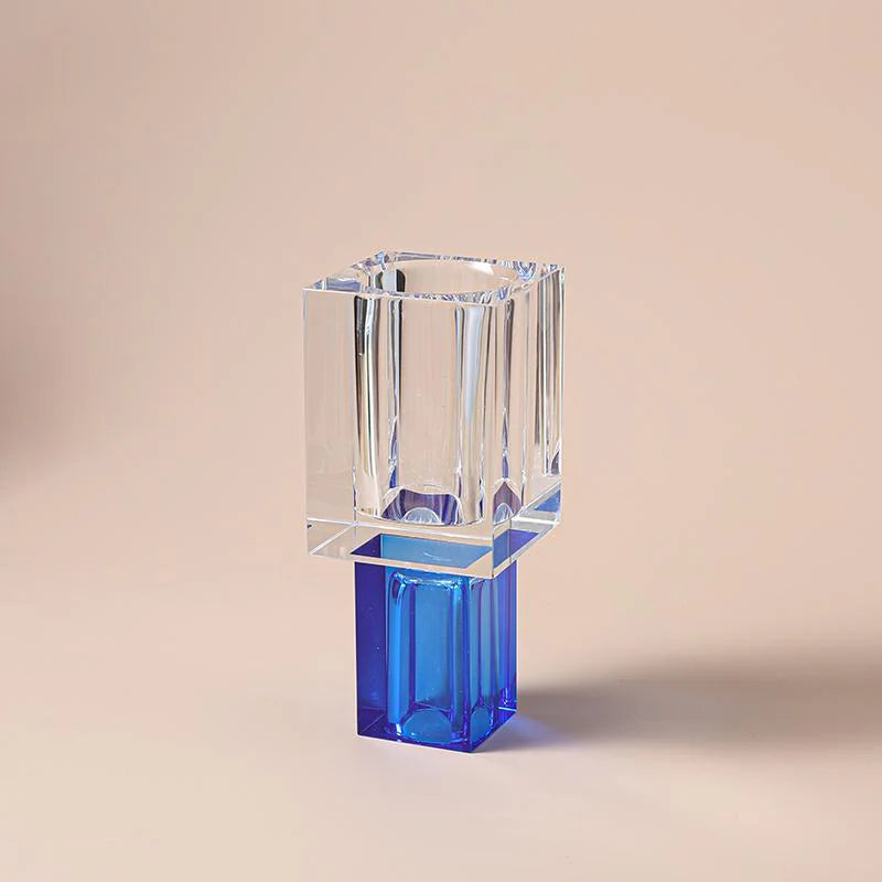 Crystal Square Vase with Colored Base - Blue
