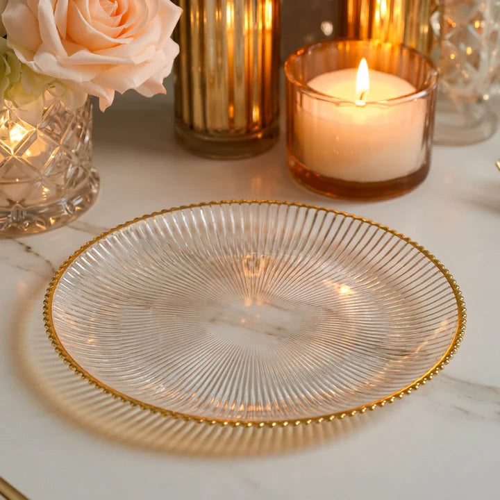 Set of 4 Ribbed Chargers with Gold Rim