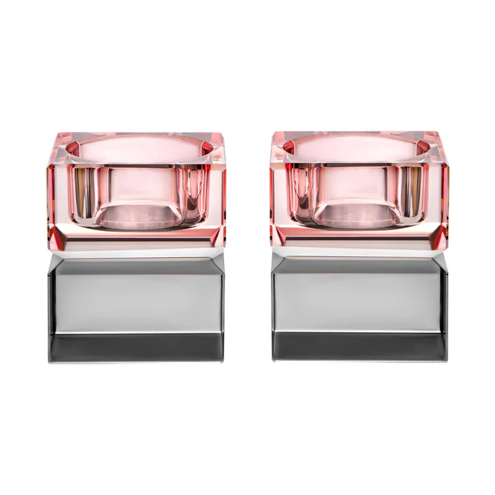 Set of 2 Tea Light Candle Holders Pink Top and Smoked Bottom