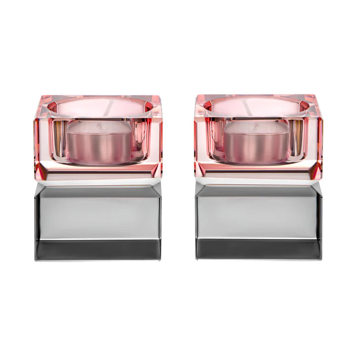 Set of 2 Tea Light Candle Holders Pink Top and Smoked Bottom