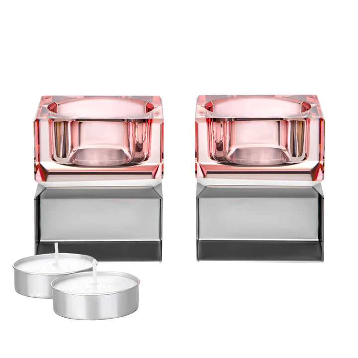 Set of 2 Tea Light Candle Holders Pink Top and Smoked Bottom