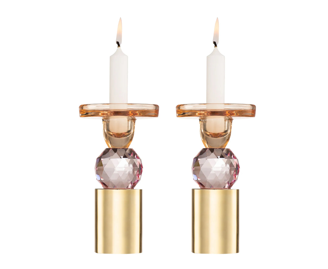 Set of 2 Pink Crystal Candlesticks, 6.5"H