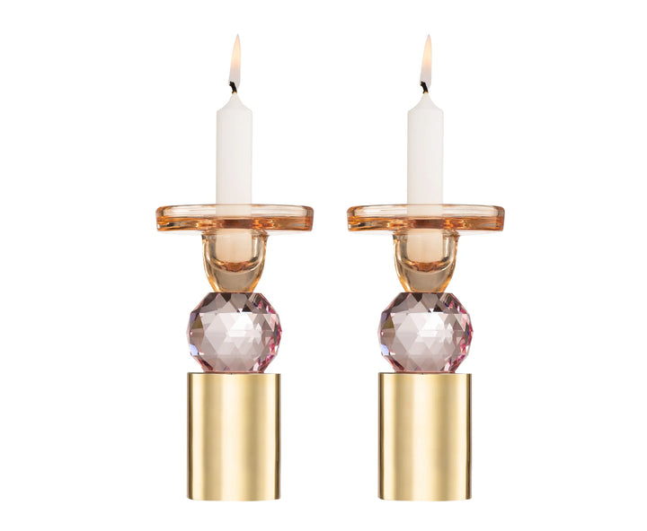 Set of 2 Pink Crystal Candlesticks, 6.5"H