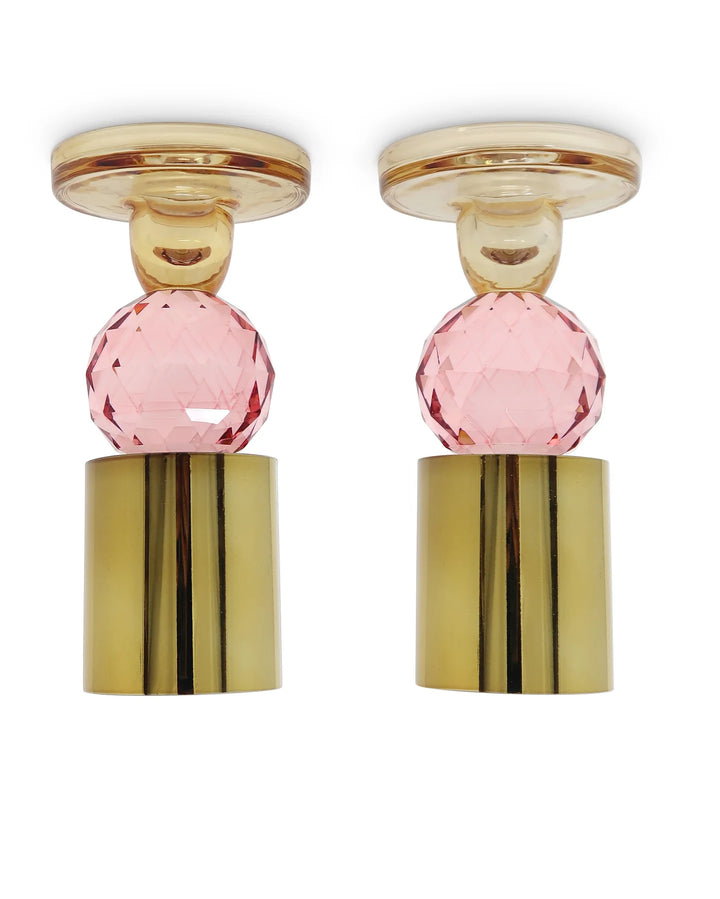 Set of 2 Pink Crystal Candlesticks, 6.5"H
