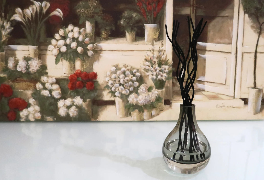 Grey Tinted Diffuser with Black Curved Reeds, "Zen Tea" Scent