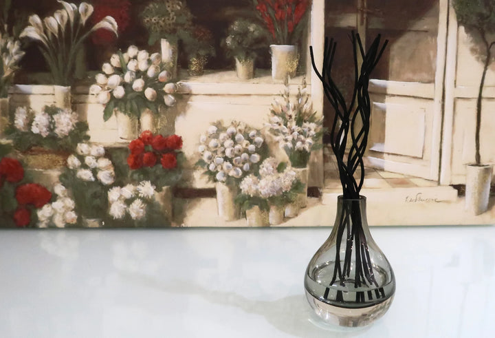 Grey Tinted Diffuser with Black Curved Reeds, "Zen Tea" Scent