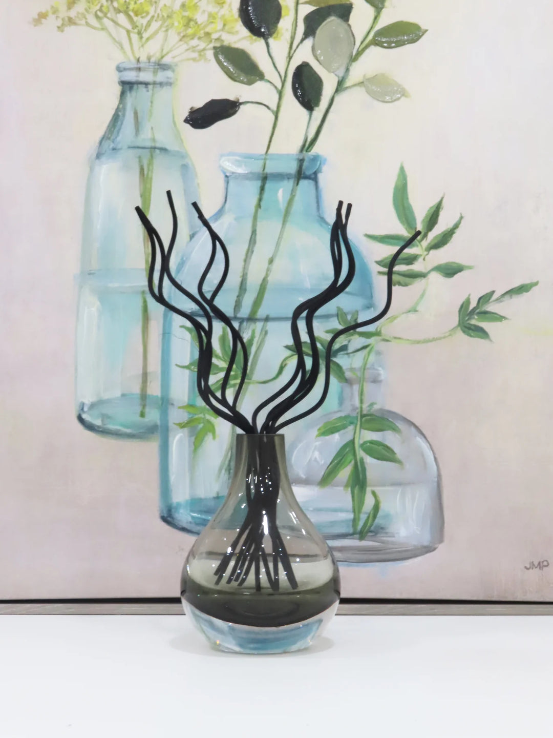 Grey Tinted Diffuser with Black Curved Reeds, "Zen Tea" Scent