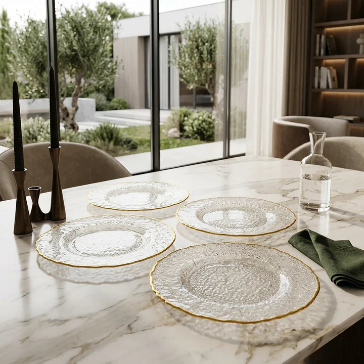 Set of 4 Textured Glass Chargers with Gold Rim