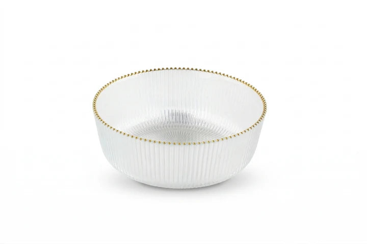 Clear Glass Salad Bowl Straight Cut, Ribbed with Gold Rim