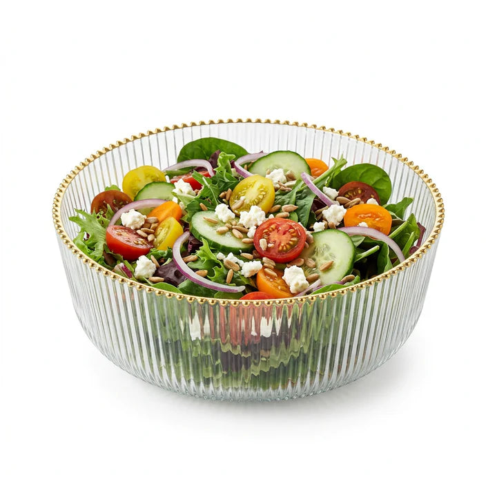 Clear Glass Salad Bowl Straight Cut, Ribbed with Gold Rim