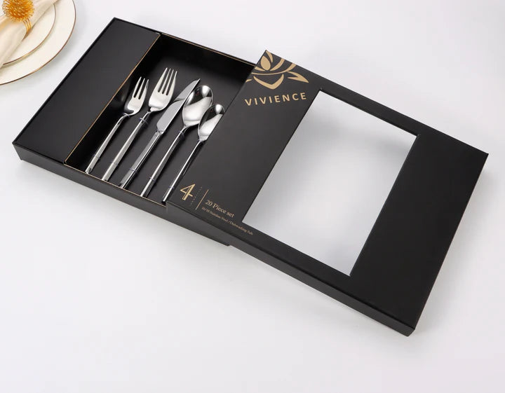20 pc Flatware Set - Silver- Modern Tri-Angled Handle, Textured
