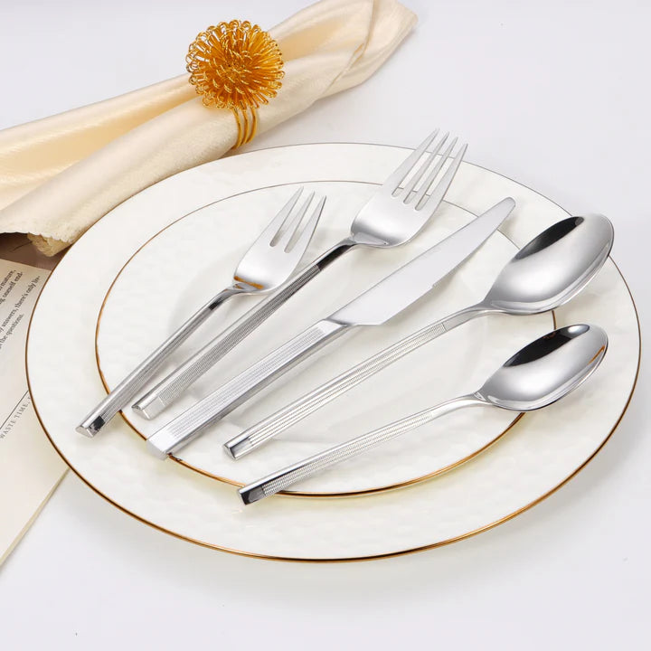 20 pc Flatware Set - Silver- Modern Tri-Angled Handle, Textured