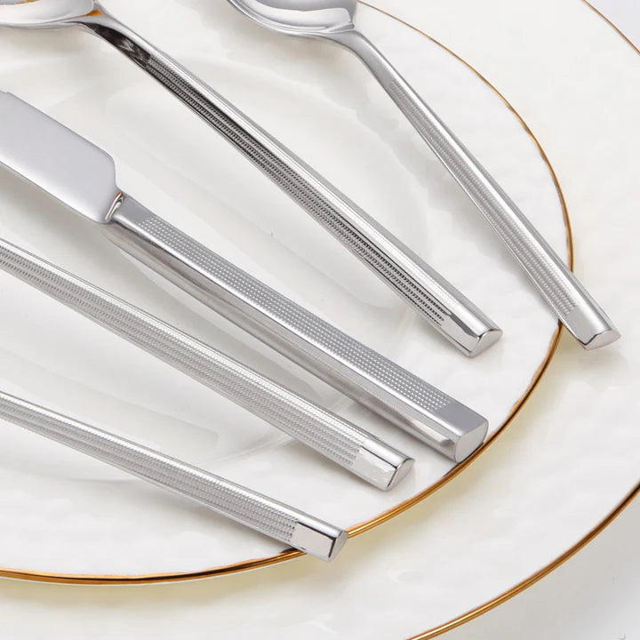 20 pc Flatware Set - Silver- Modern Tri-Angled Handle, Textured