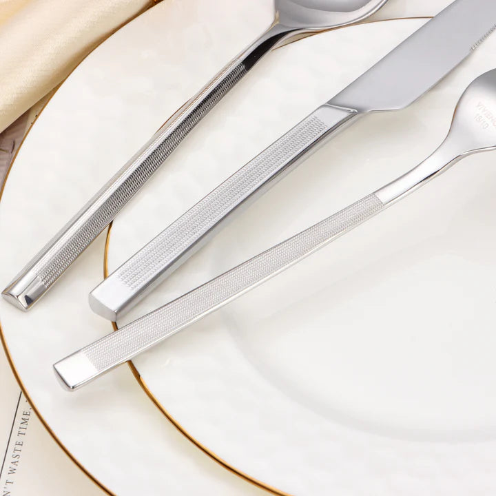 20 pc Flatware Set - Silver- Modern Tri-Angled Handle, Textured